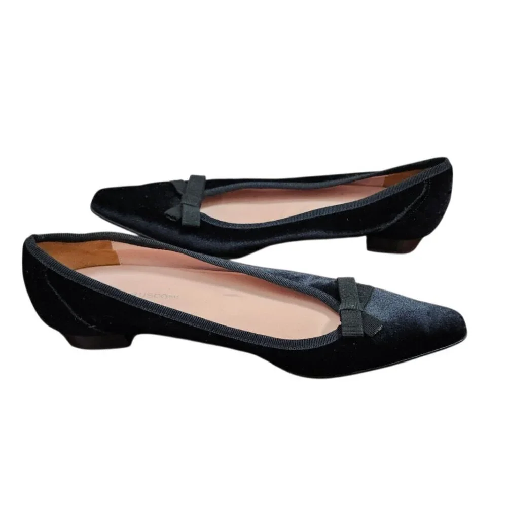Fabio Rusconi Black Velvet Bow Ballet Flats Pointed Toe Low Heel Italy EU 38